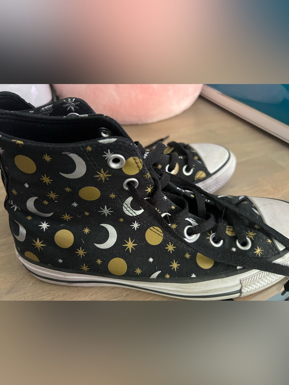 High-Top Canvas Sneakers in Black with Gold Moon Print